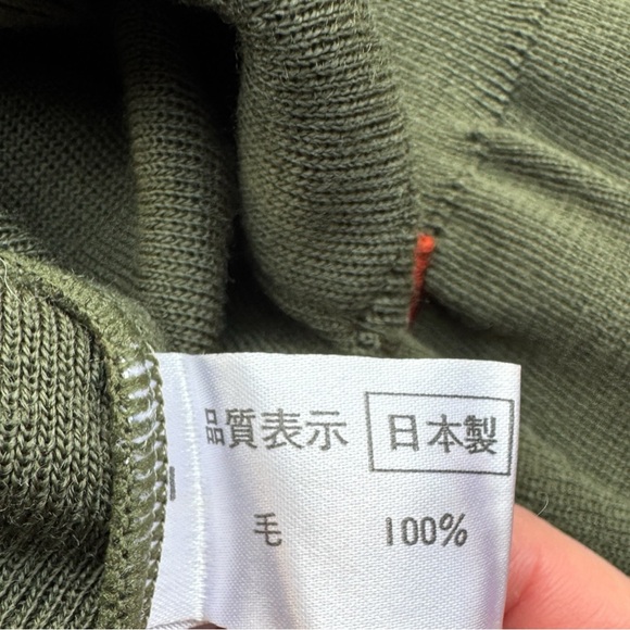 Olive Green Wool Knit Cardigan Contrast Hem Gold Buttons - Picture 10 of 11